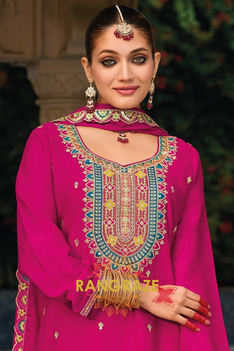 Magenta Embroidered Chinon Palazzo Suit Set