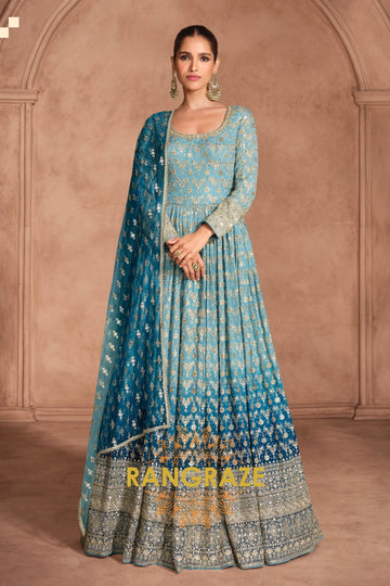 Luxe Gradient Blue Anarkali Ensemble