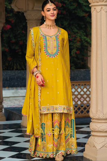 Golden Mustard Embroidered Palazzo Suit Set