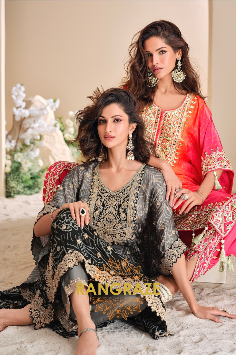 Charcoal Grey Embroidered Blended Silk Kaftan Suit Set