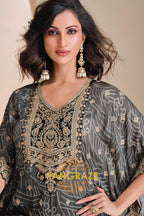 Charcoal Grey Embroidered Blended Silk Kaftan Suit Set