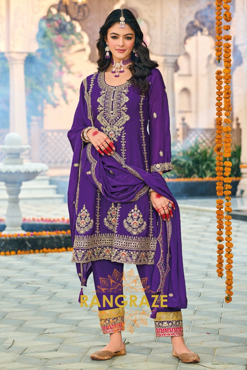 Regal Violet Embroidered Chinon Suit Set