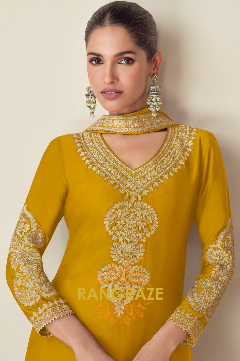 Mustard Yellow Embroidered Chinnon Silk Suit Set