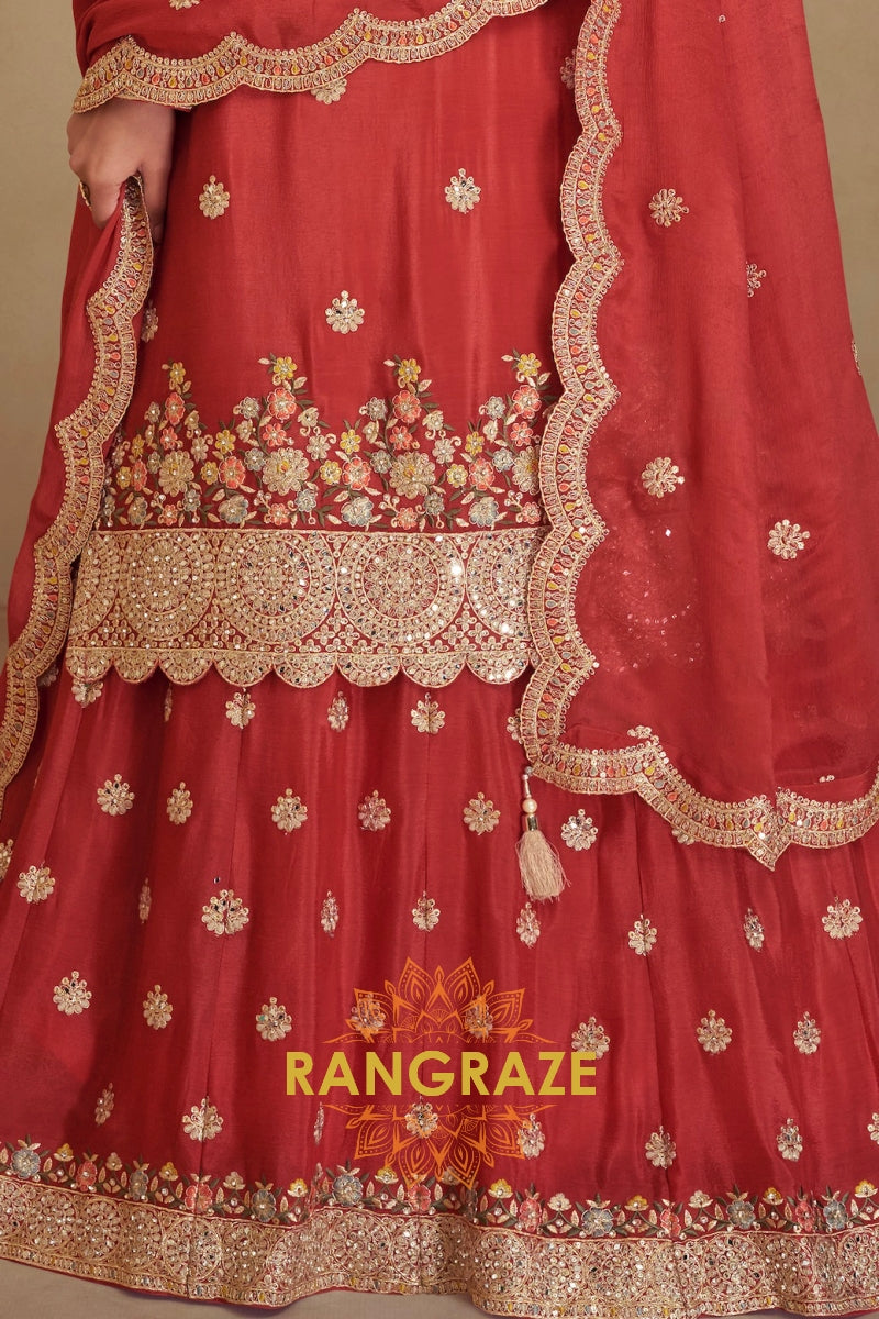 Radiant Rust Embroidered Chinon Suit Set