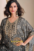 Charcoal Grey Embroidered Blended Silk Kaftan Suit Set