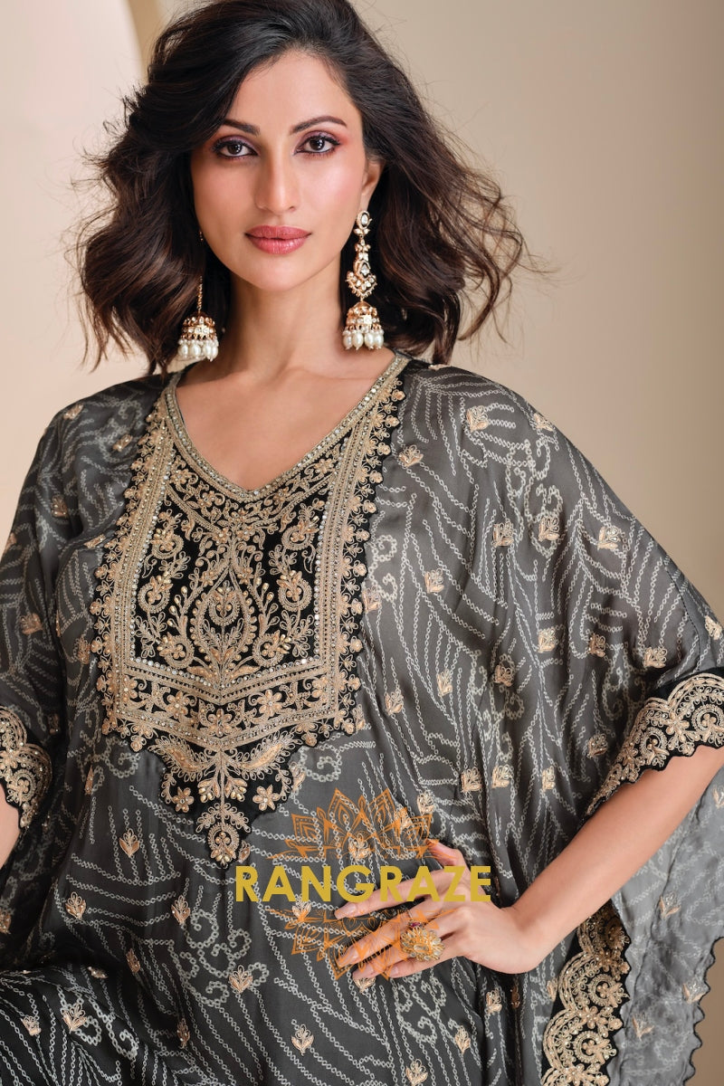 Charcoal Grey Embroidered Blended Silk Kaftan Suit Set