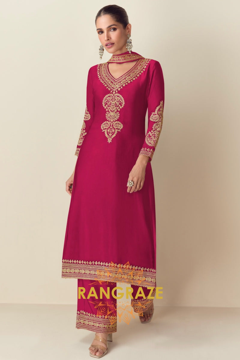 Crimson Red Embroidered Chinnon Silk Suit Set