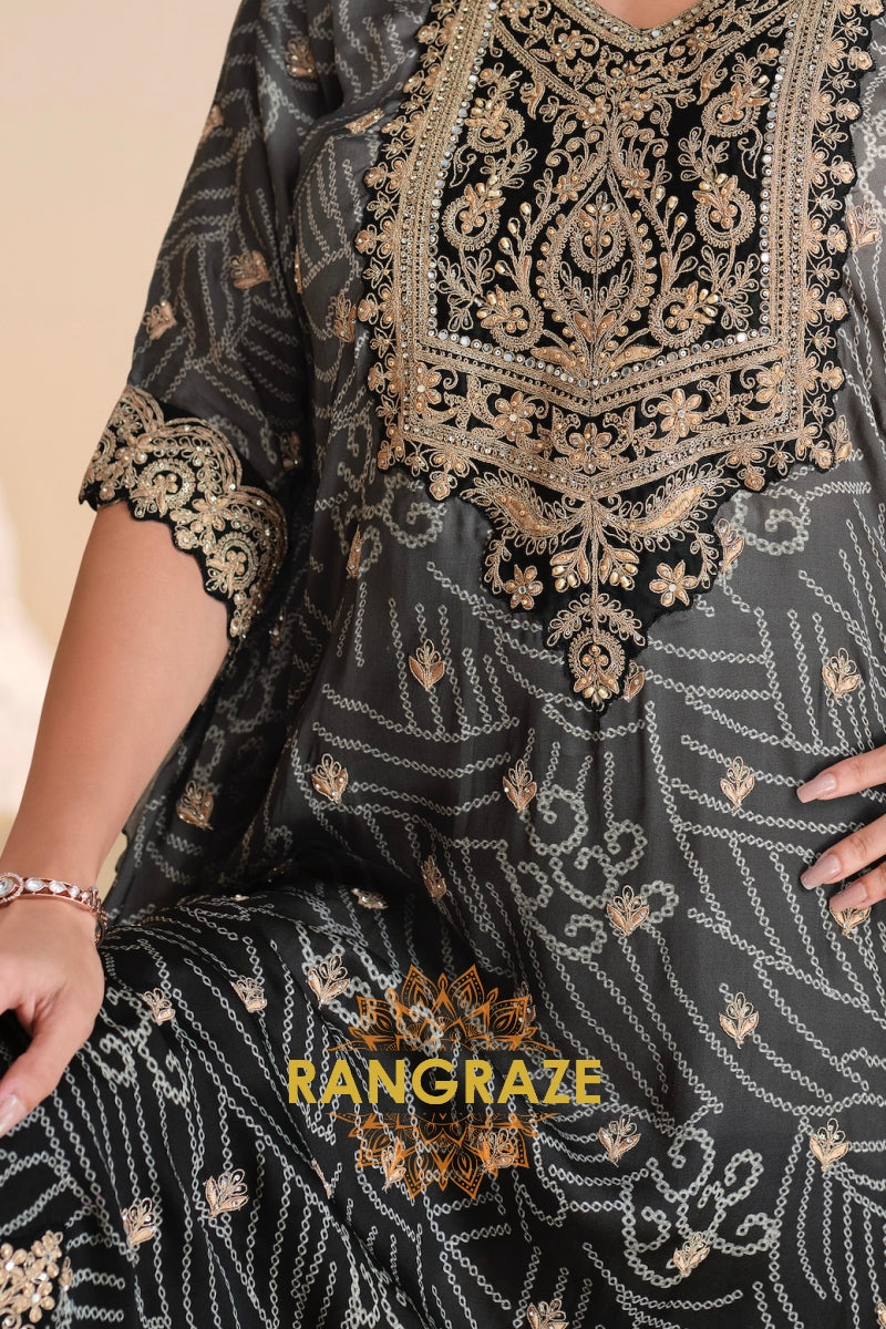 Charcoal Grey Embroidered Blended Silk Kaftan Suit Set