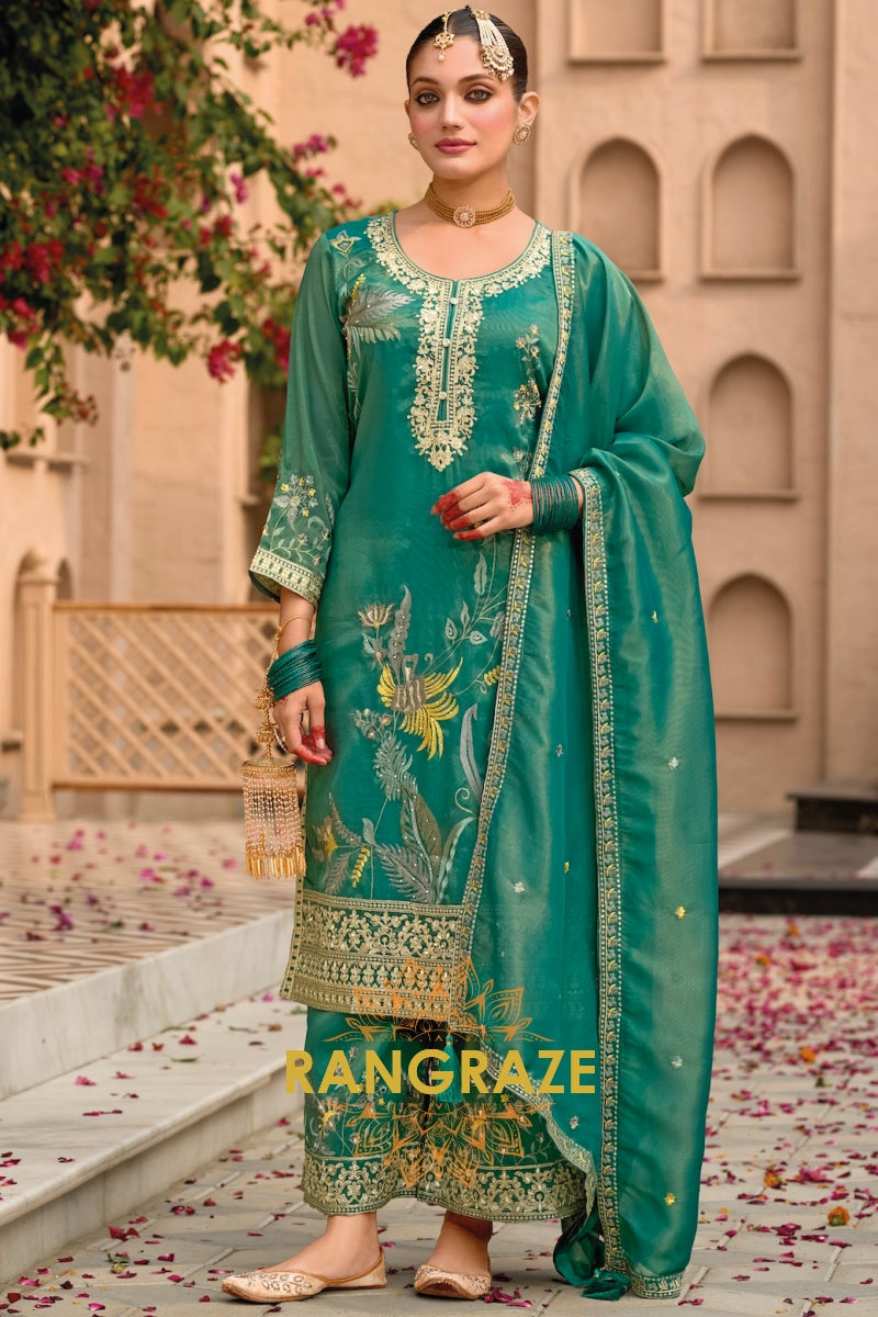 Teal Shimmer Embroidered Palazzo Set