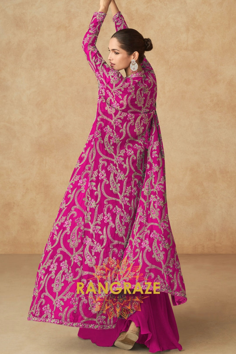 Hot Pink Embroidered Georgette Sharara Suit Set