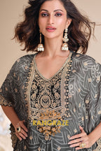 Charcoal Grey Embroidered Blended Silk Kaftan Suit Set