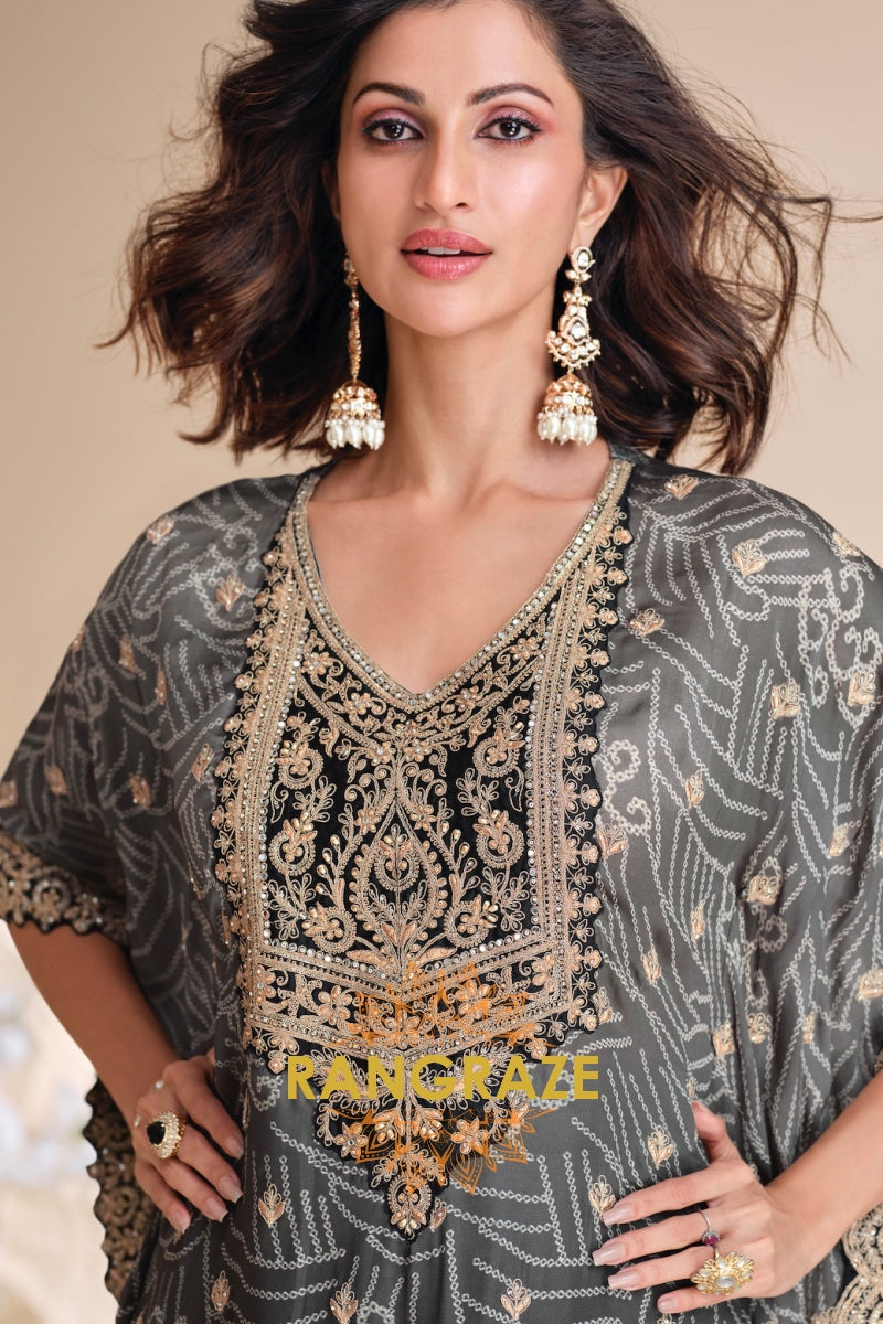 Charcoal Grey Embroidered Blended Silk Kaftan Suit Set