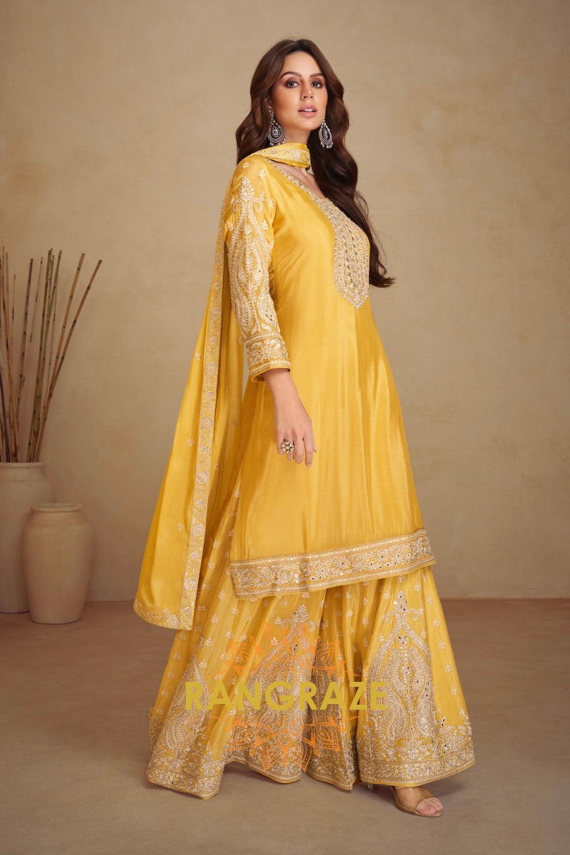 Radiant Yellow Mirror Embroidered Palazzo Suit