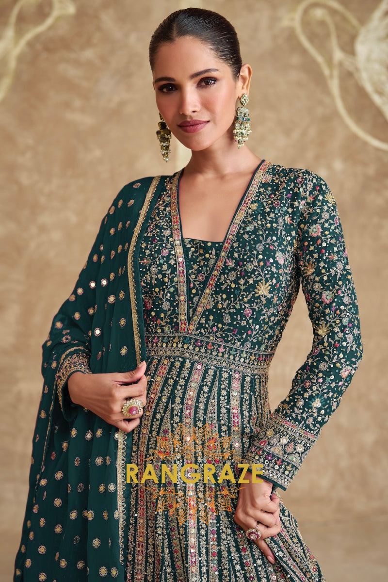 Emerald Green Embroidered Silk Anarkali Suit Set