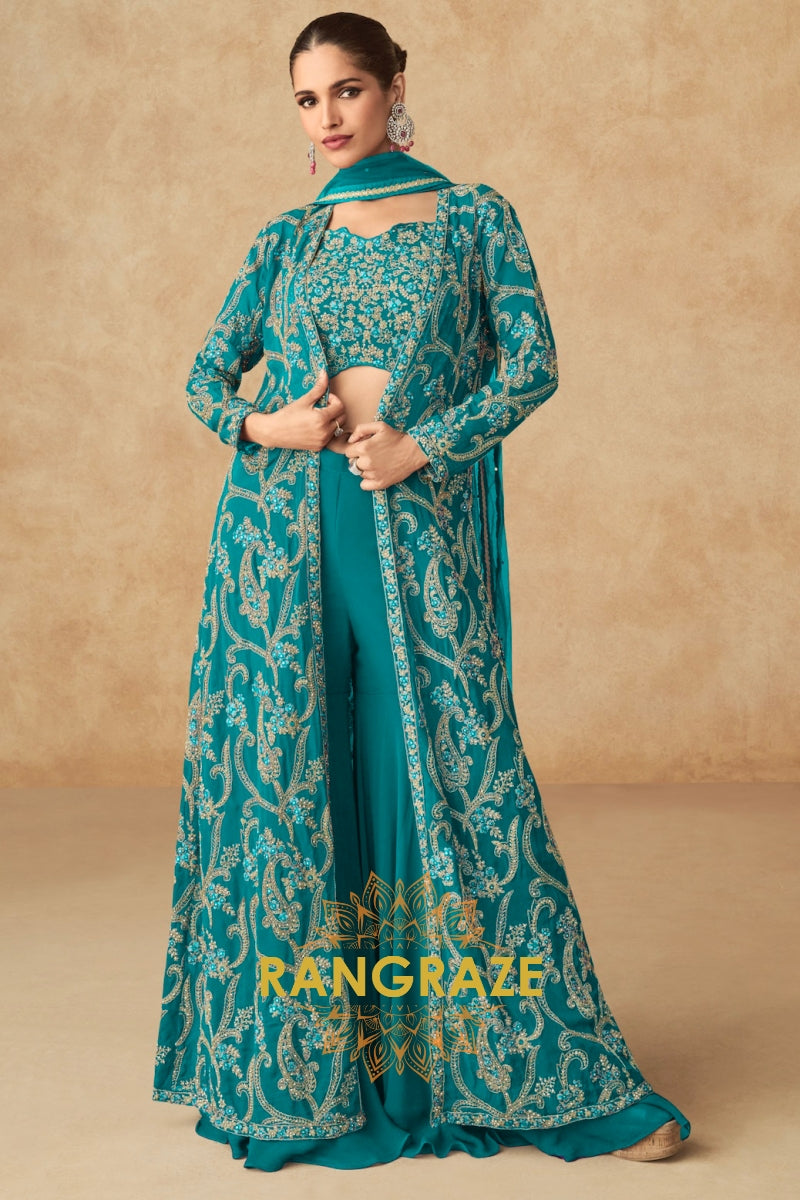 Teal Blue Embroidered Georgette Sharara Suit Set