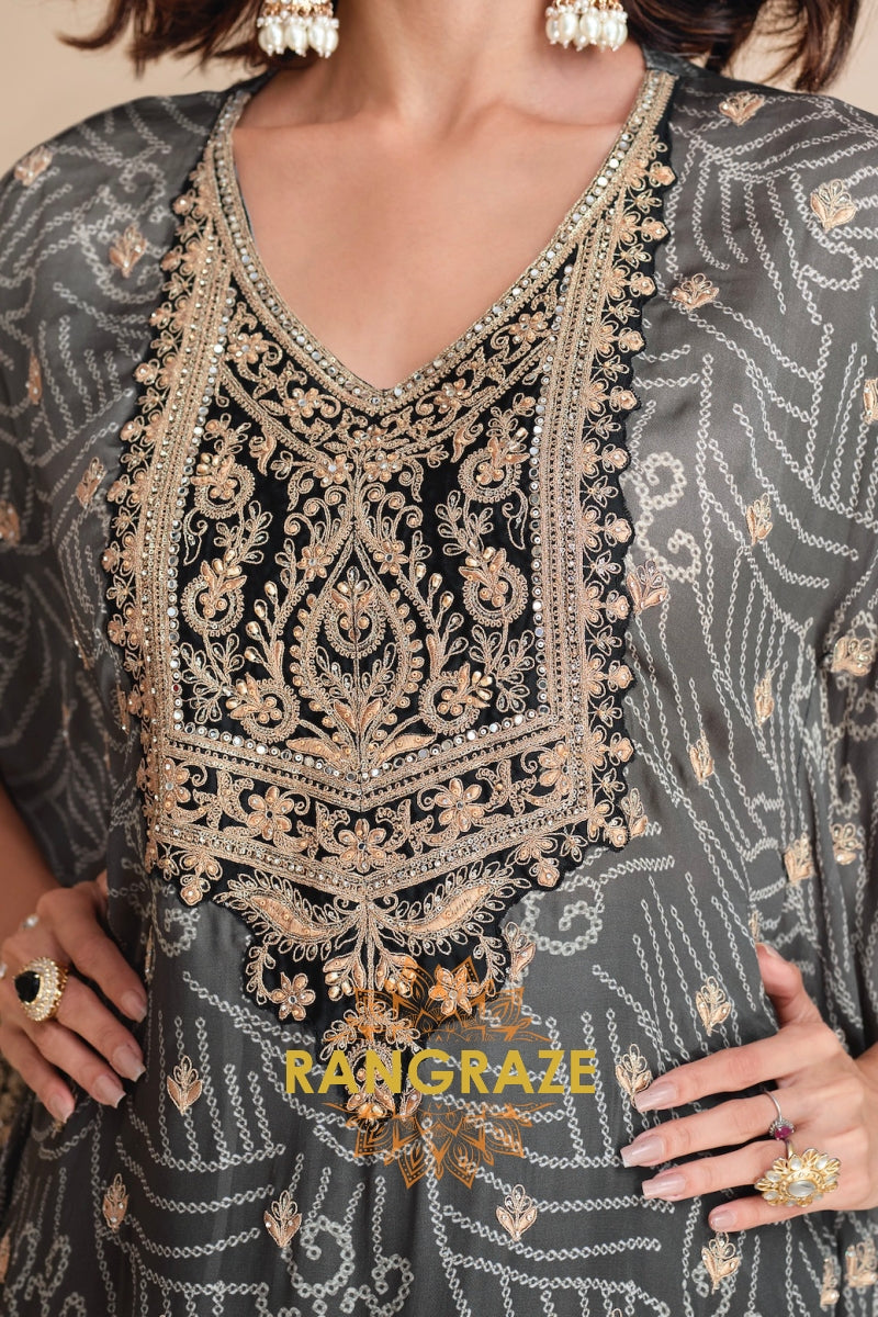 Charcoal Grey Embroidered Blended Silk Kaftan Suit Set