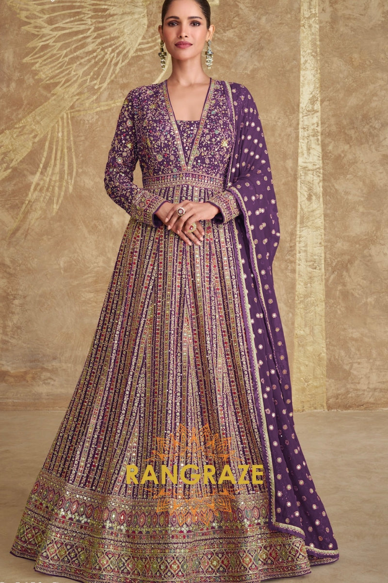 Deep Purple Embroidered Silk Anarkali Suit Set