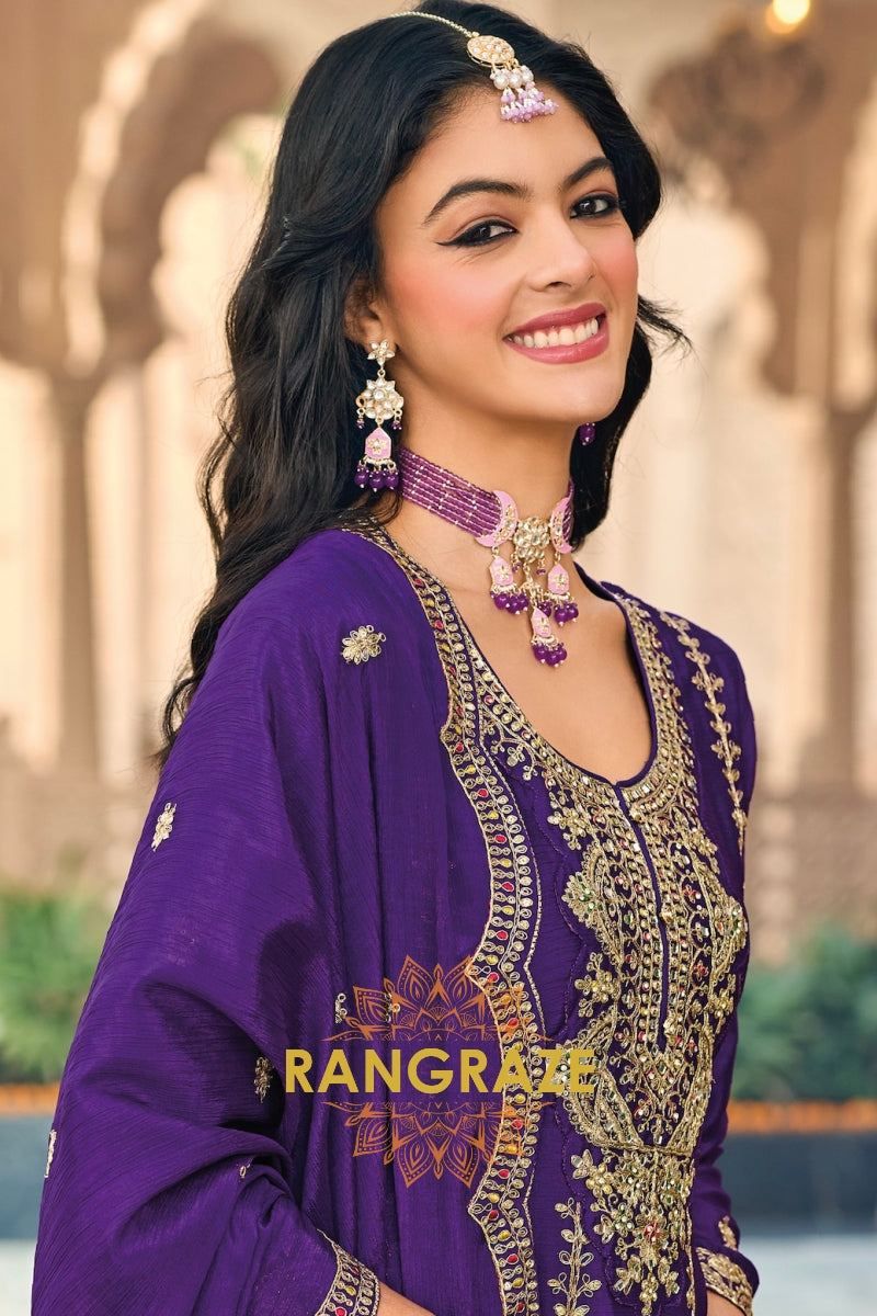 Regal Violet Embroidered Chinon Suit Set