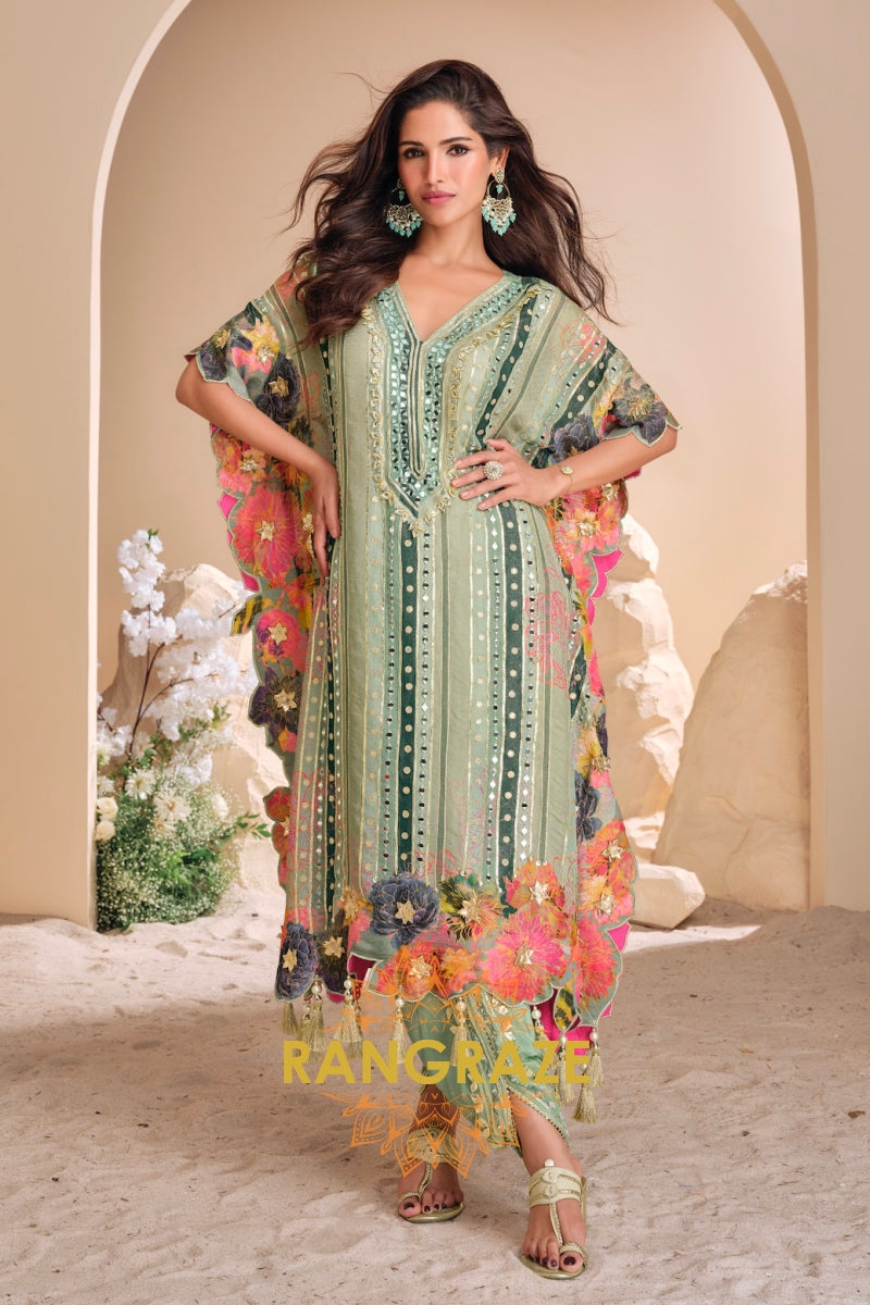 Mint Green Designer Chinon Kaftan Suit Set