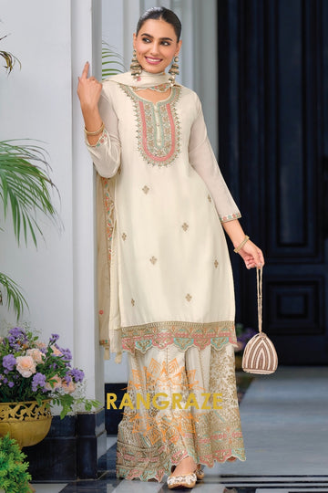 Ivory Embroidered Chinon Suit Set