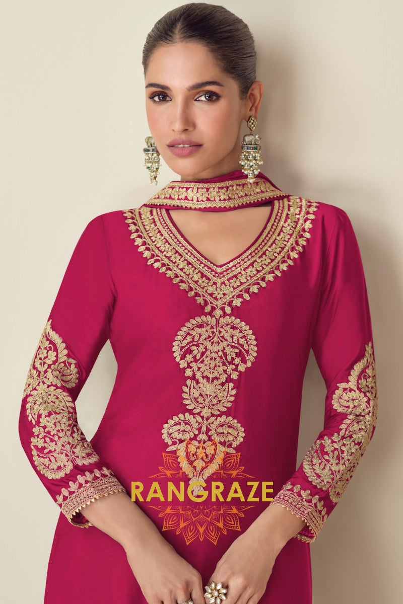 Crimson Red Embroidered Chinnon Silk Suit Set