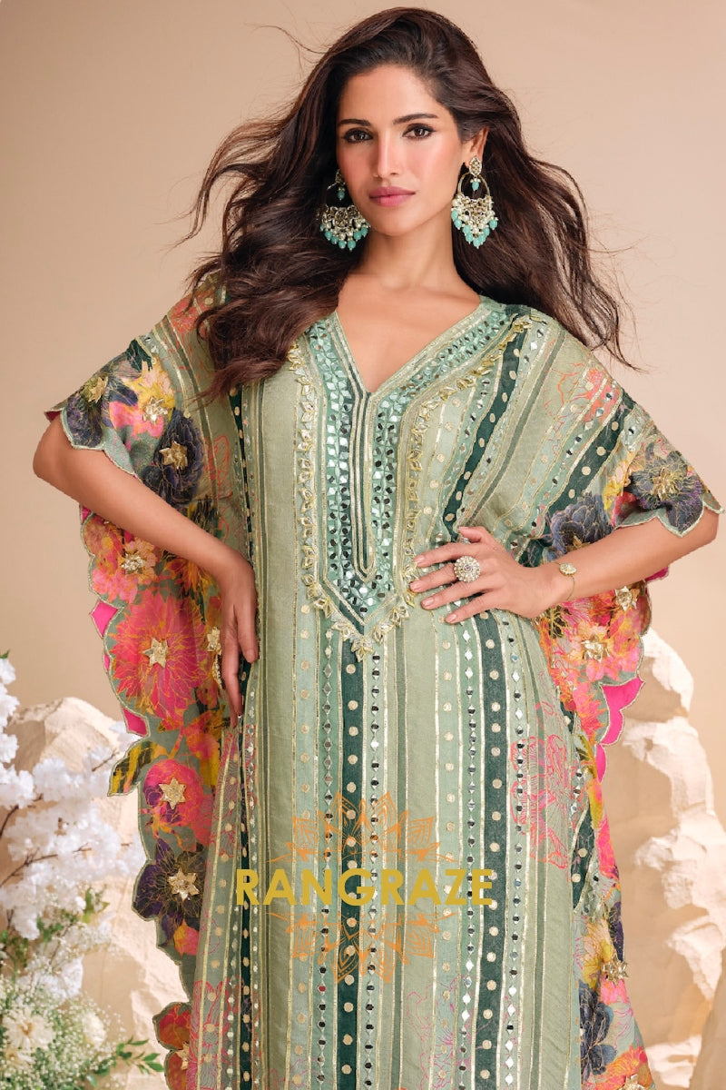 Mint Green Designer Chinon Kaftan Suit Set