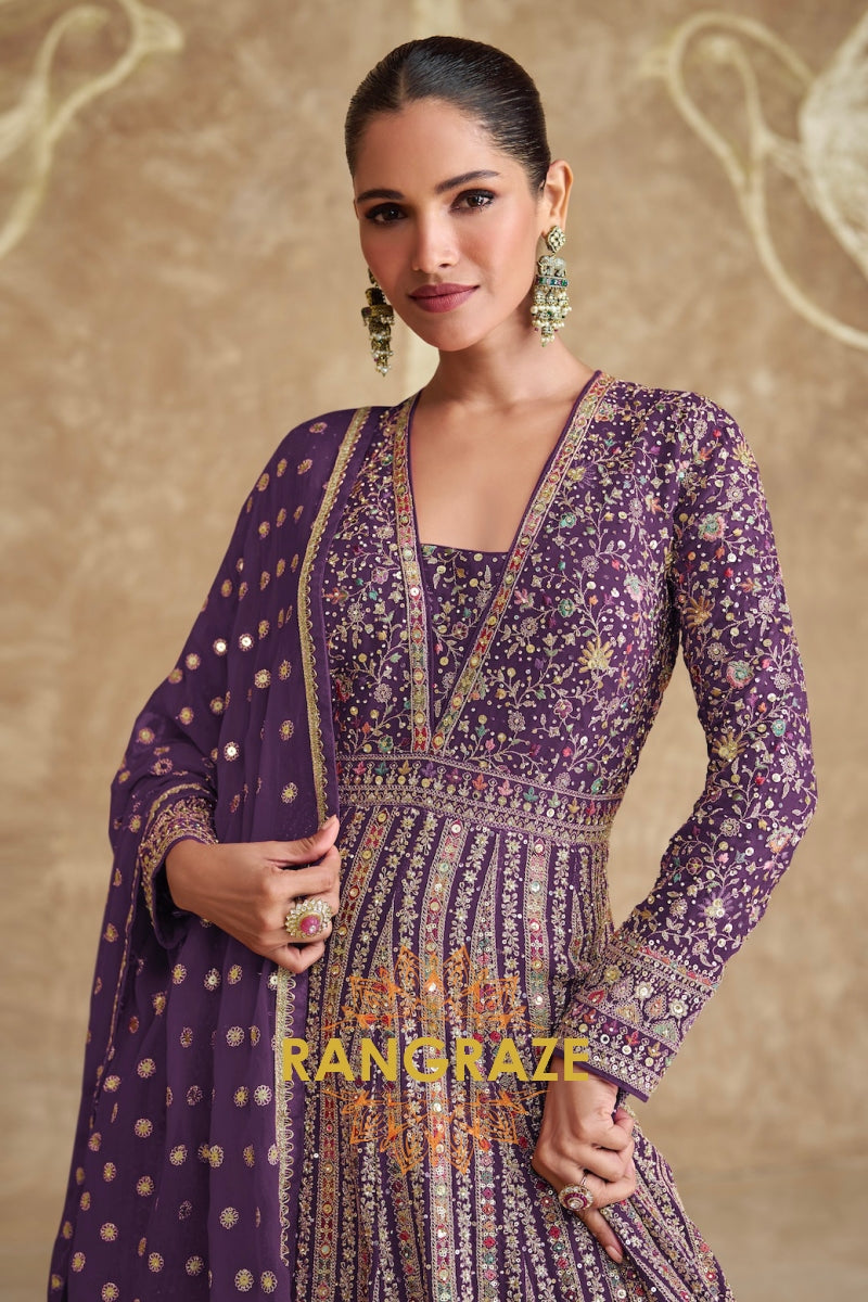 Deep Purple Embroidered Silk Anarkali Suit Set