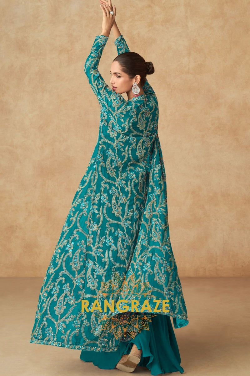 Teal Blue Embroidered Georgette Sharara Suit Set