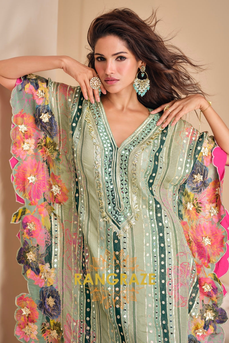 Mint Green Designer Chinon Kaftan Suit Set