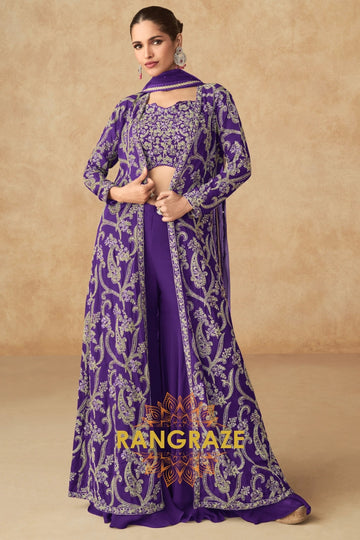 Royal Purple Embroidered Georgette Sharara Suit Set