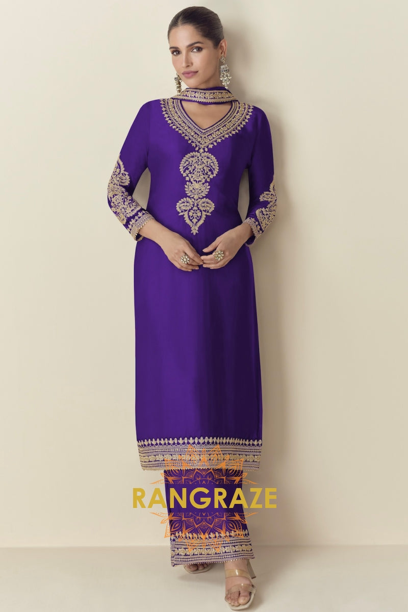 Royal Purple Embroidered Chinnon Silk Suit Set