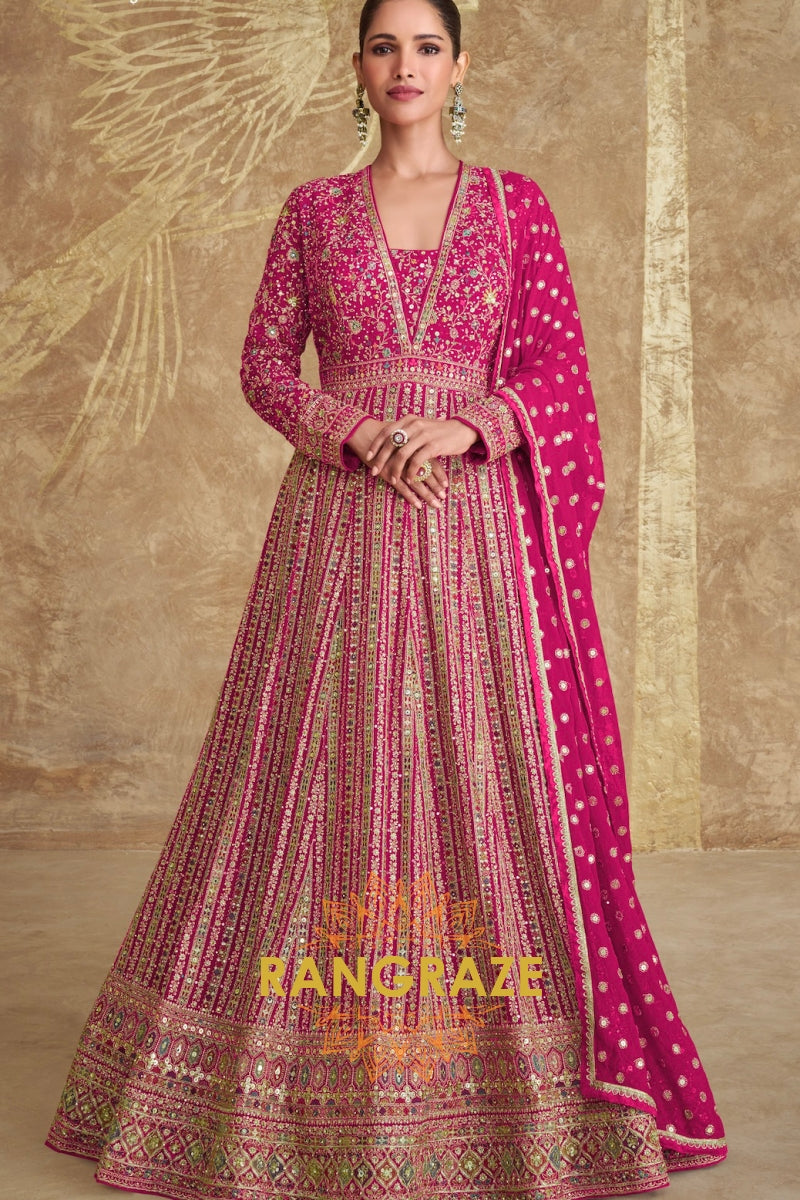 Fuchsia Pink Embroidered Silk Anarkali Suit Set