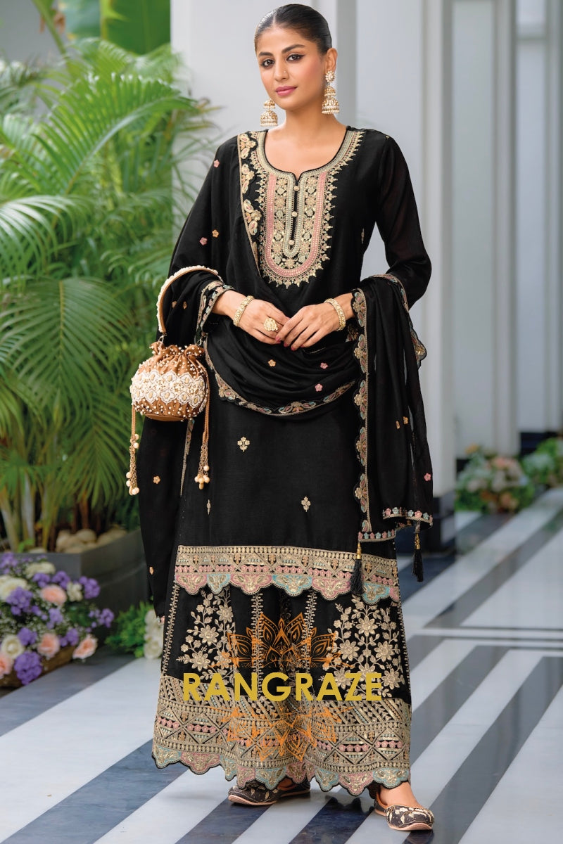 Black Heavy Chinon Embroidered Suit Set