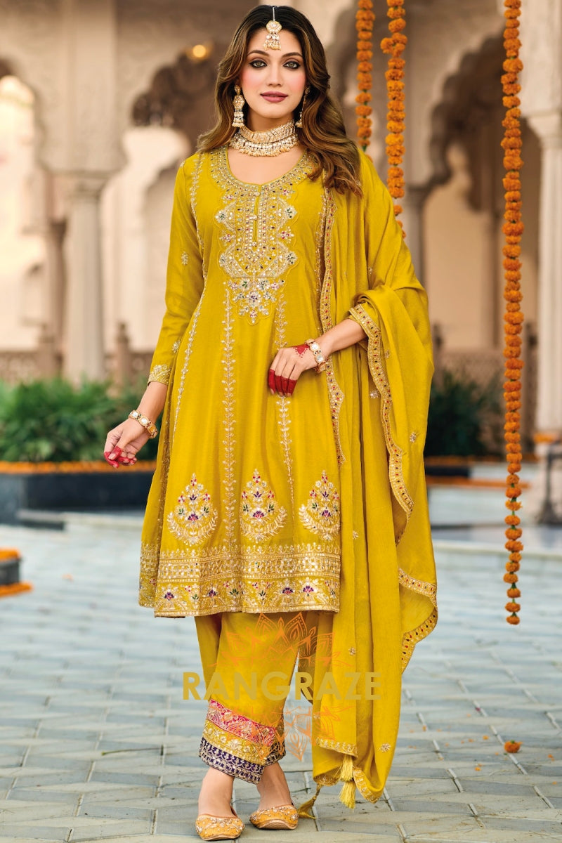 Mustard Yellow Embroidered Chinon Suit Set