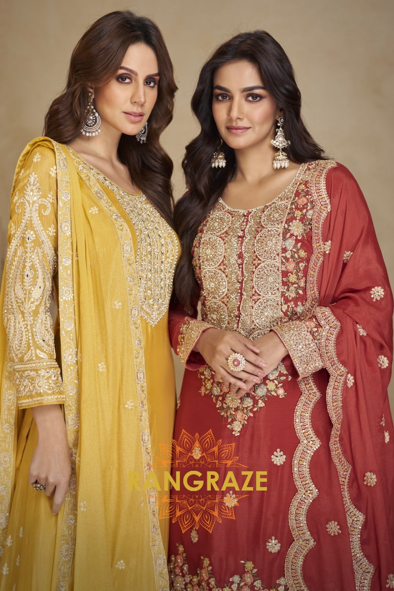 Radiant Yellow Mirror Embroidered Palazzo Suit