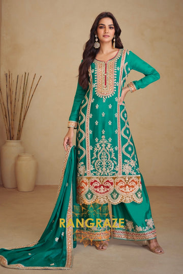 Radiant Teal Green Embroidered Palazzo Suit Set