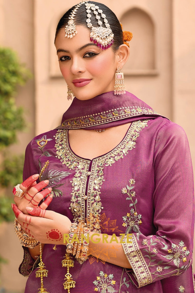 Royal Mauve Shimmer Embroidered Suit Set