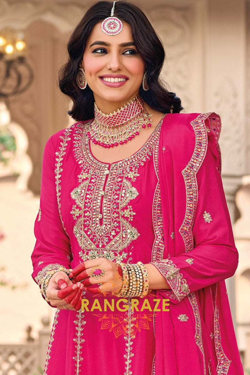 Fuchsia Pink Embroidered Traditional Suit Set