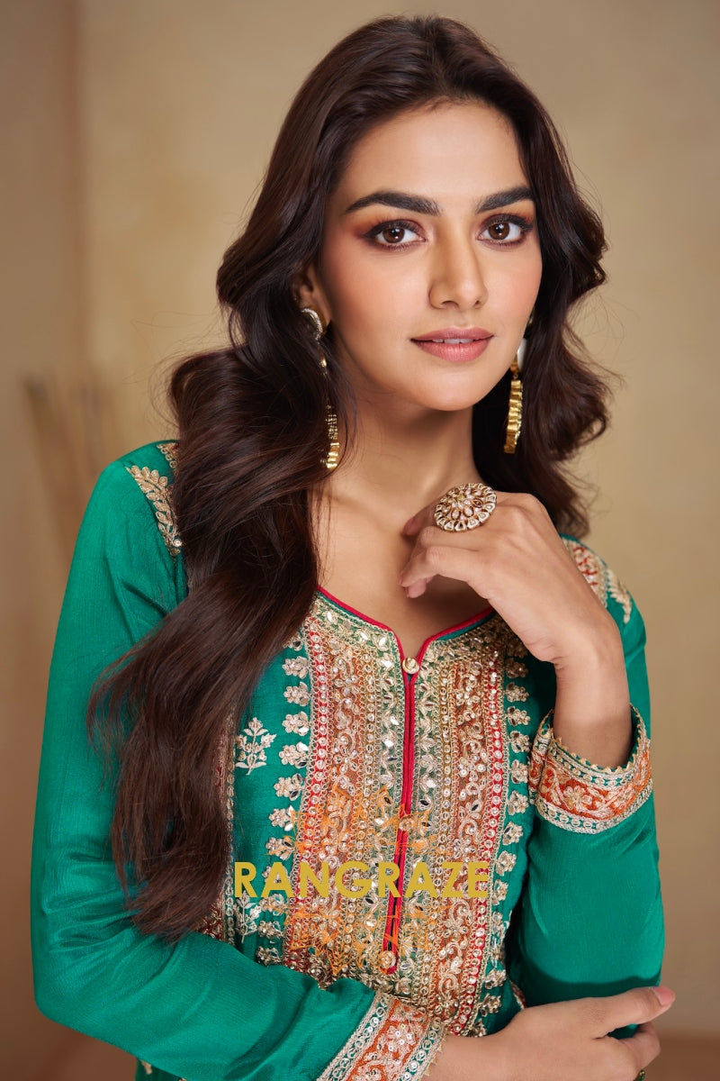 Radiant Teal Green Embroidered Palazzo Suit Set