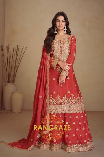 Radiant Rust Embroidered Chinon Suit Set