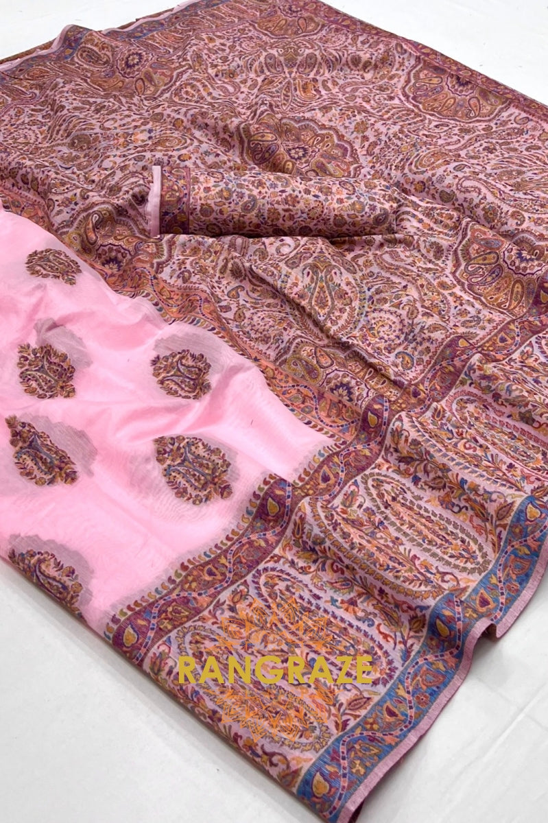 Majestic Baby Pink Woven Kashmiri Jamewar Modal Silk Saree