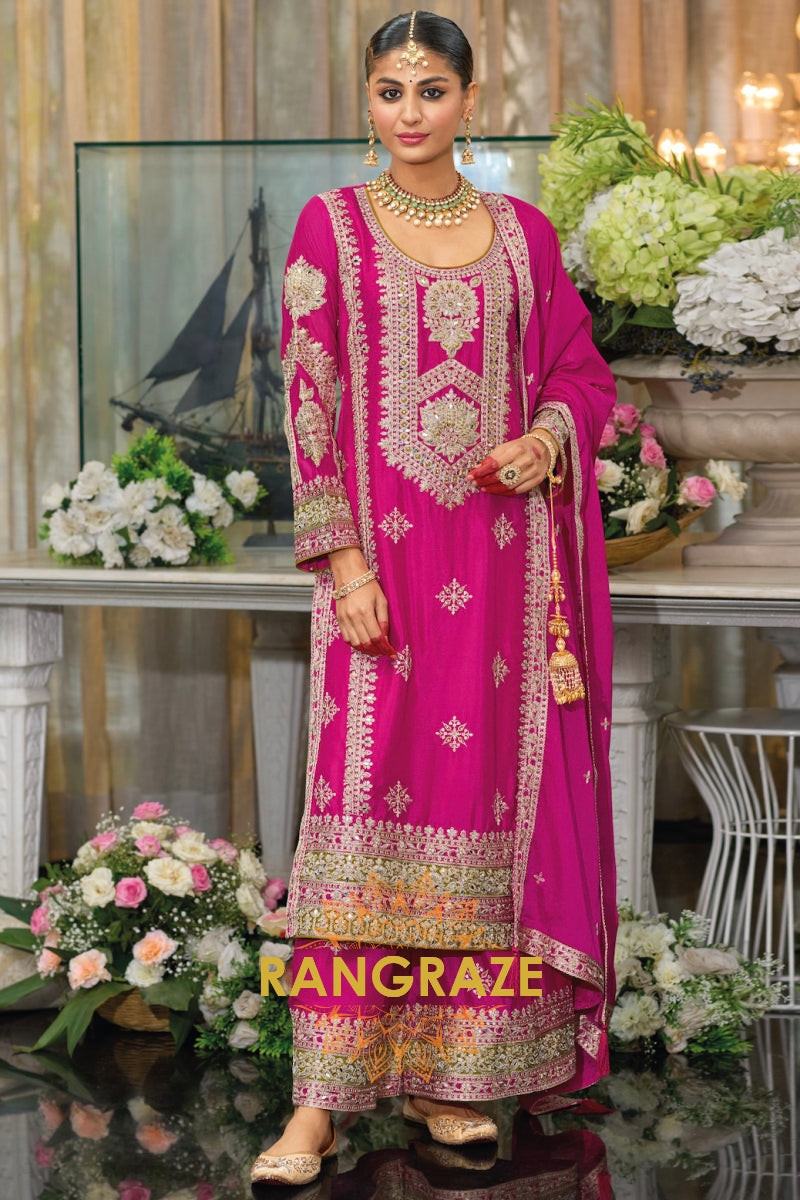 Magenta Embroidered Chinon Plazo Suit