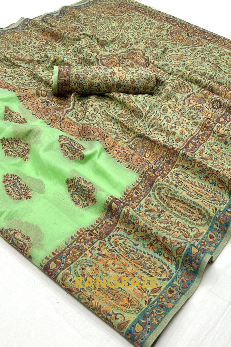 Majestic Parrot Green Woven Kashmiri Jamewar Modal Silk Saree