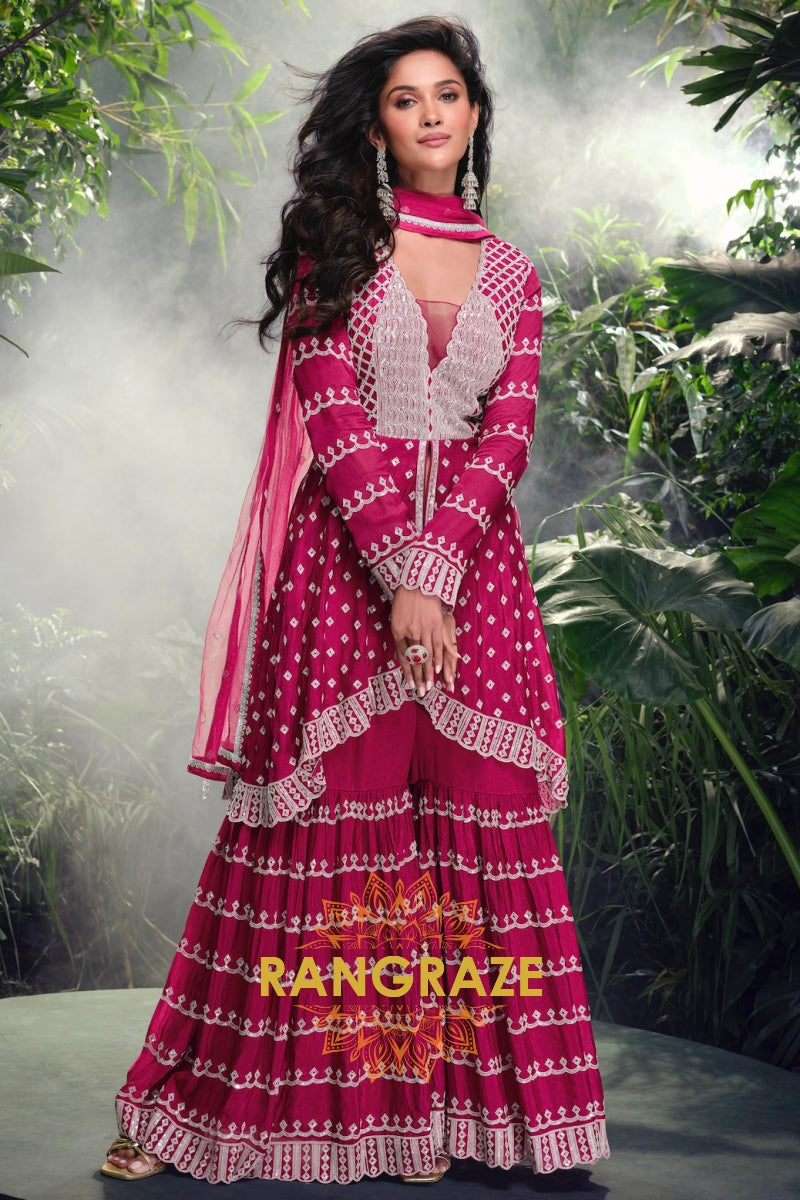 Regal Magenta Embroidered Sharara Suit