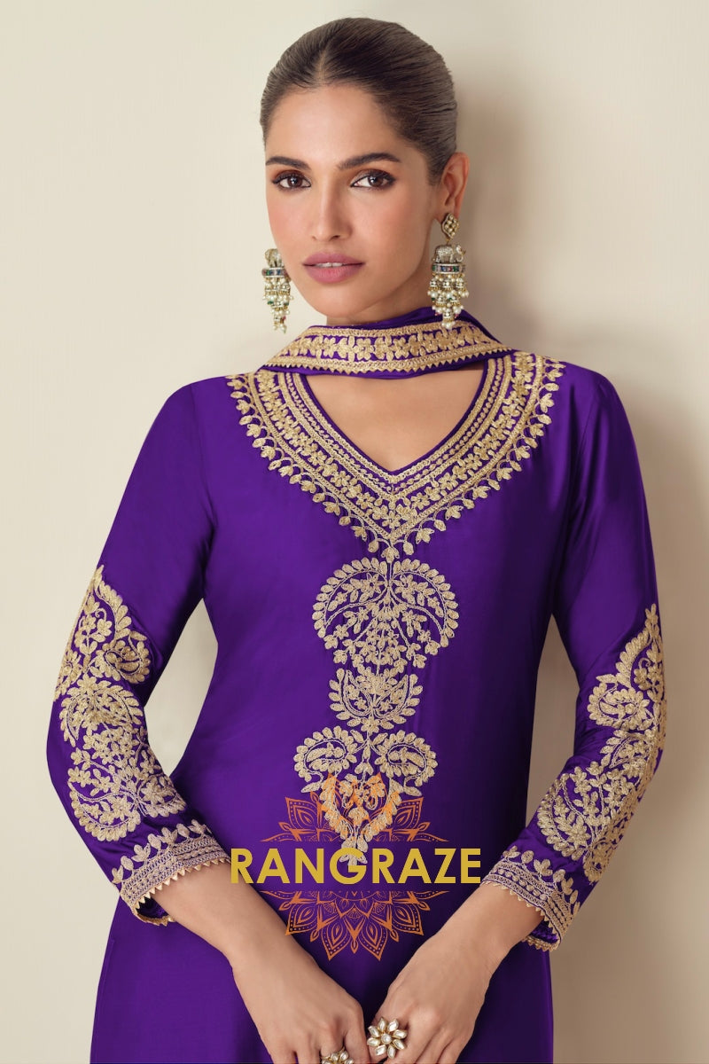 Royal Purple Embroidered Chinnon Silk Suit Set