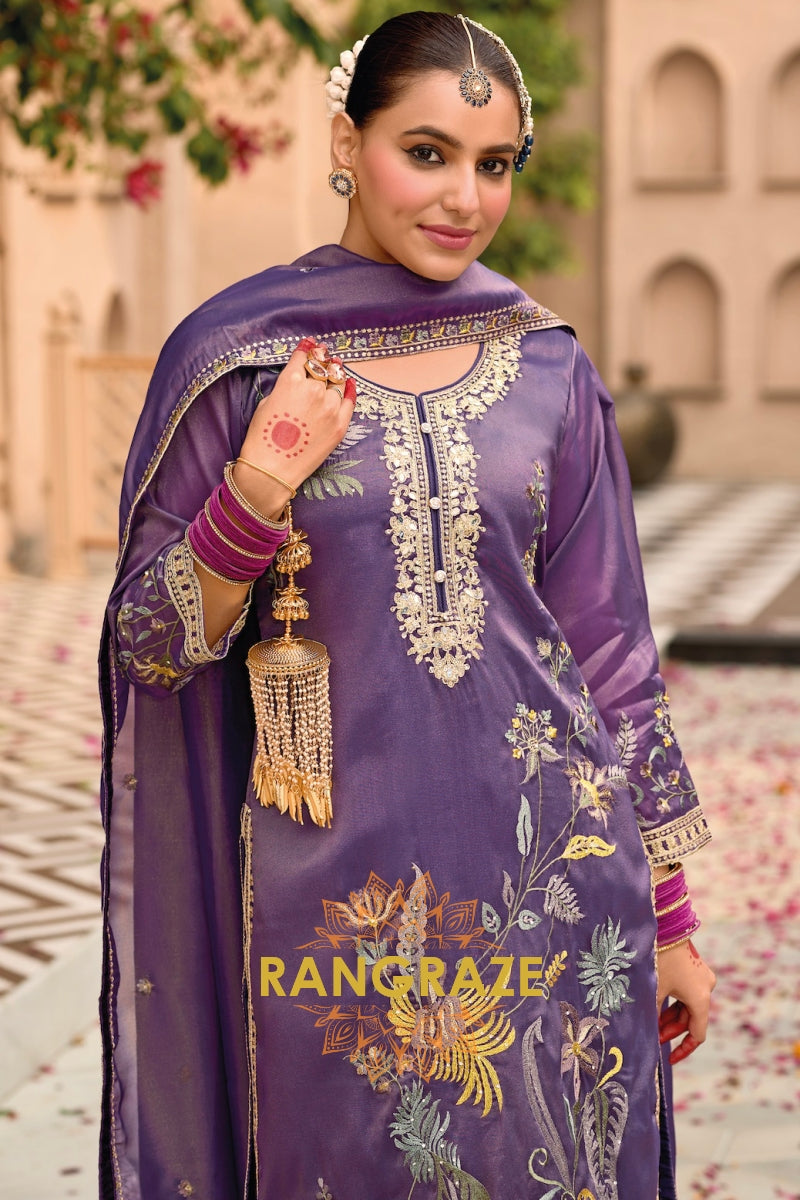 Purple Shimmer Embroidered Palazzo Suit Set