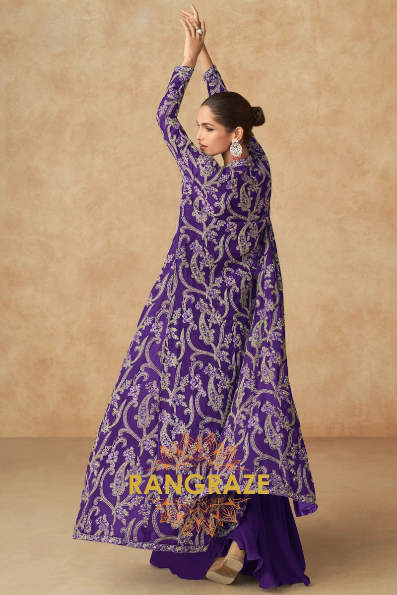 Royal Purple Embroidered Georgette Sharara Suit Set