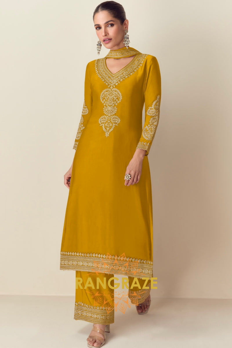 Mustard Yellow Embroidered Chinnon Silk Suit Set