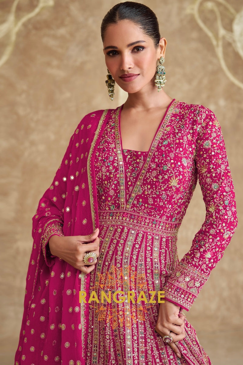 Fuchsia Pink Embroidered Silk Anarkali Suit Set