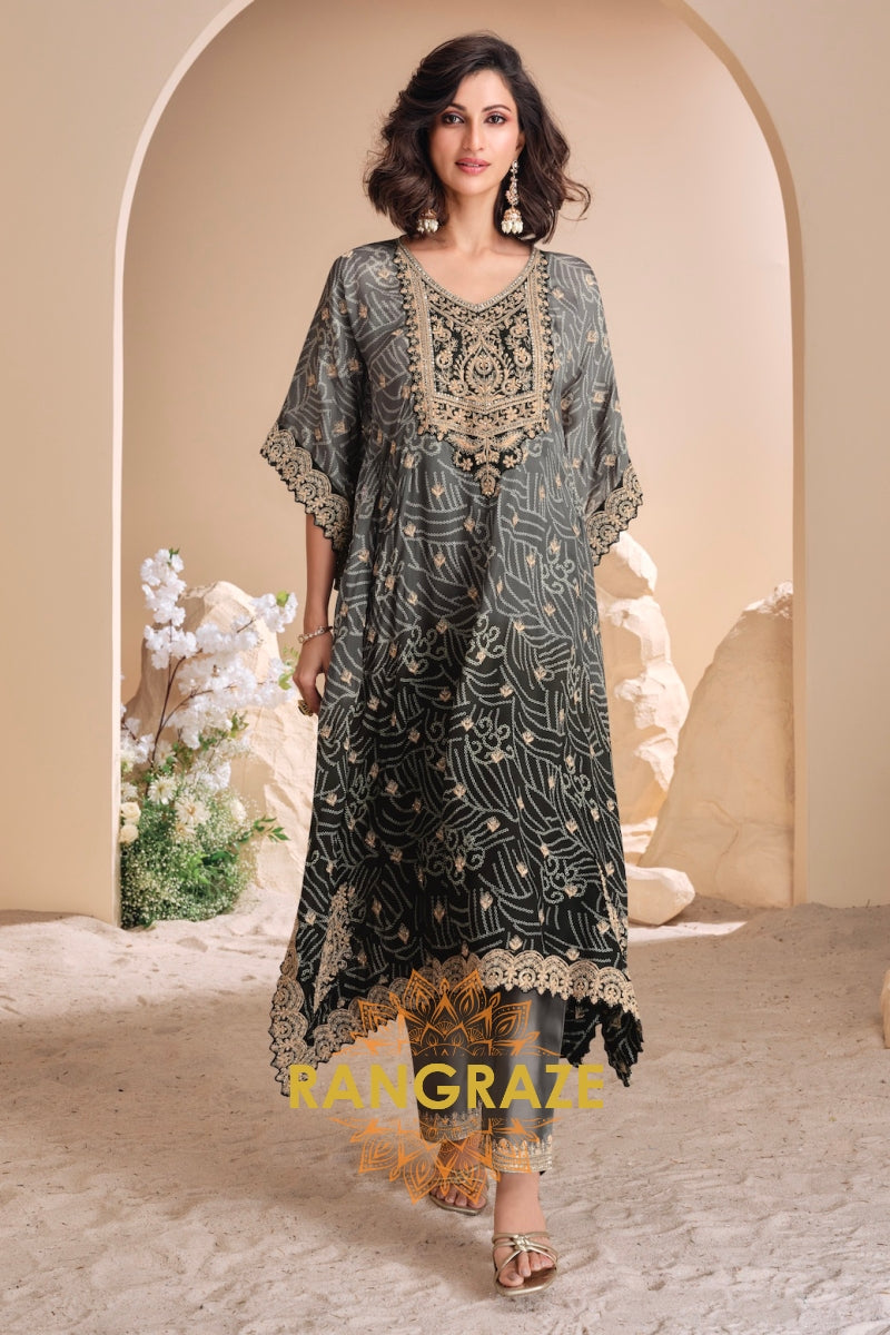 Charcoal Grey Embroidered Blended Silk Kaftan Suit Set